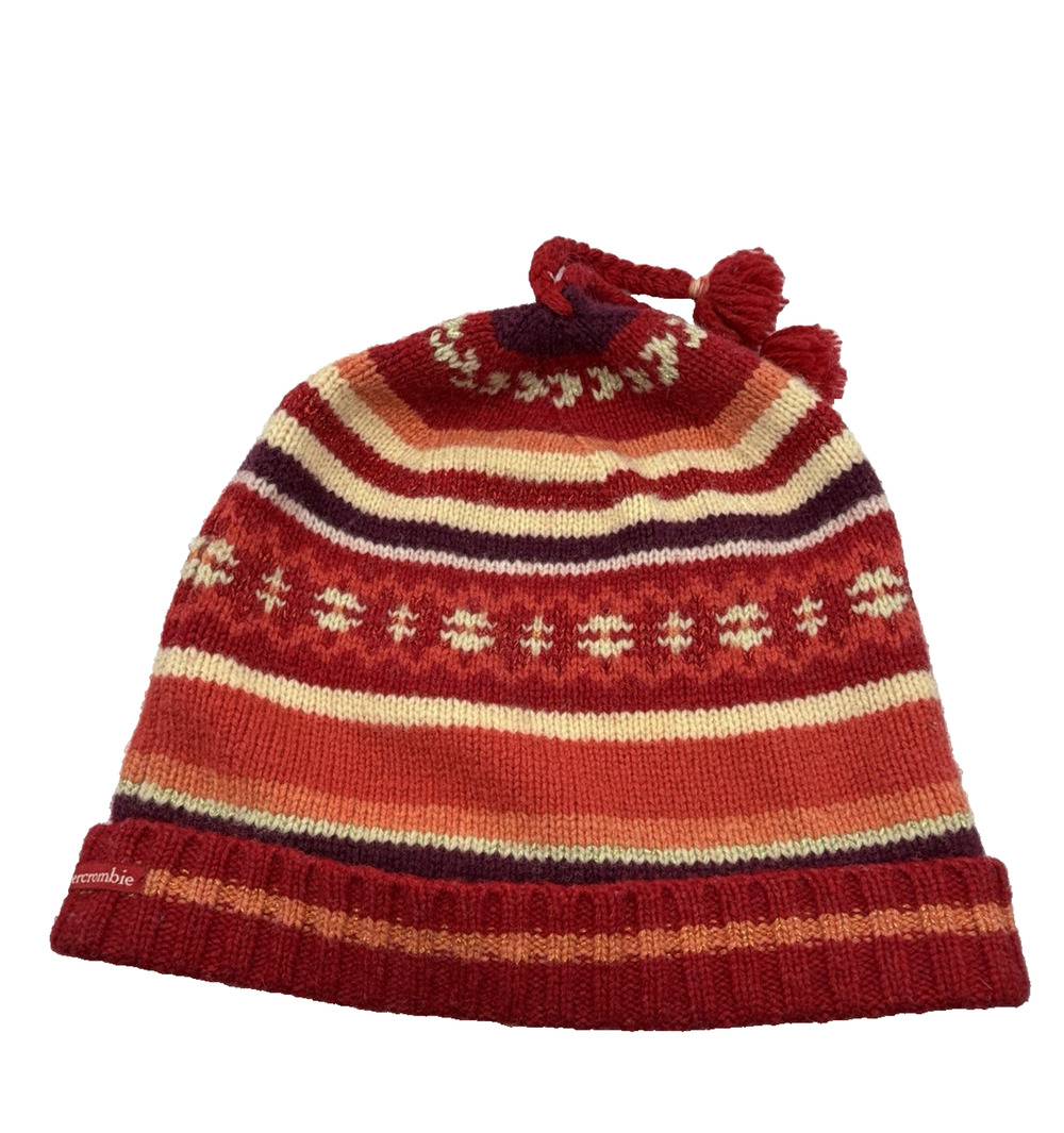 Vintage Abercrombie & Fitch Fair Isle Stripe Wool Blend Beanie Winter Hat Tassel